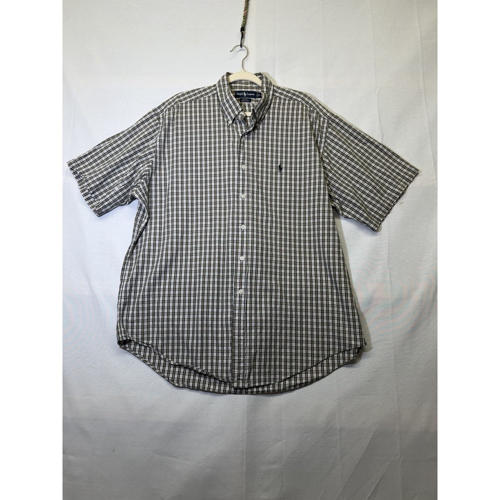 Ralph Lauren Blake Men's Cotton Shirt Short Sleeve Navy Gray Gold Plaid Size XL